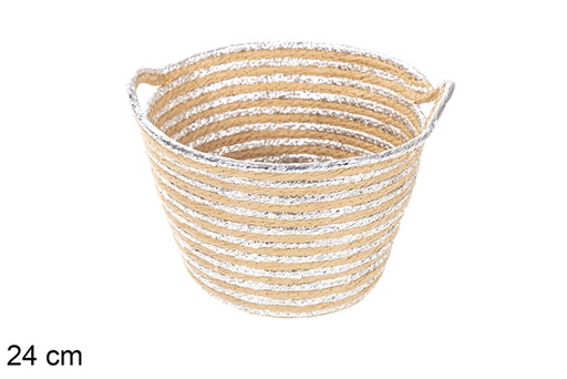 [117051] Cesta redonda cuerda de papel natural/plata con asas 24 cm