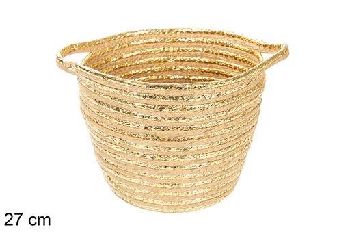 [117054] Round paper rope basket natural/gold with handles 27 cm