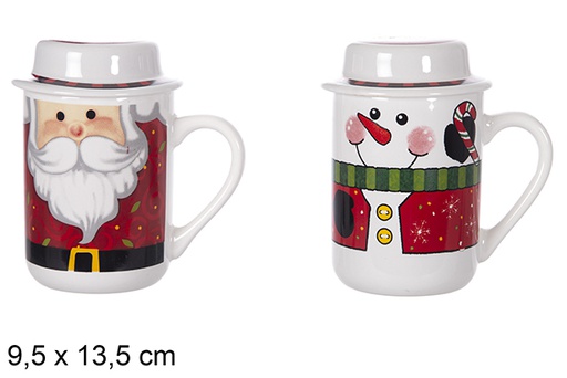 [117076] Tazza in ceramica con coperchio decorata con Babbo Natale 9,5x13,5 cm