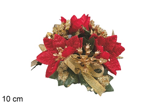 [117150] Castiçal de Natal decorado com laços e flores vermelho/dourado 10 cm