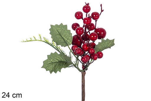 [117340] PVC Christmas branch with red berries and leaves 24 cm