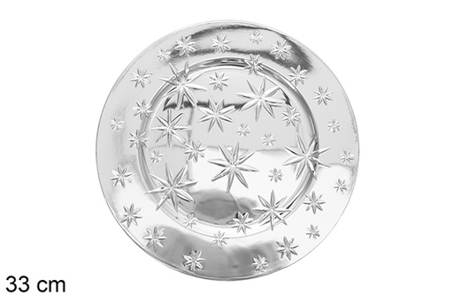 [117343] Piatto basso rotondo in plastica decorato con stelle argento 33 cm