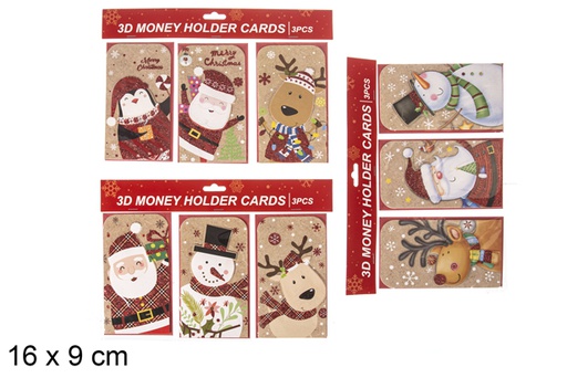 [117400] Pack 3 cartes d'argent 3D paillettes décoration de Noël 16x9 cm