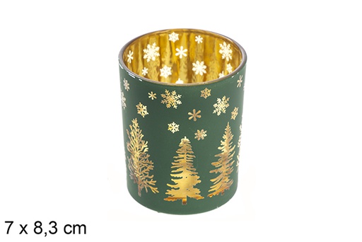 [117433] Green glass/rose gold candle holder decorated tree 7x8,3 cm