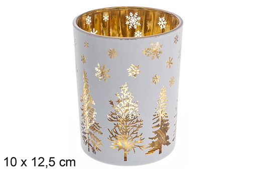 [117438] Portavela cristal blanco/oro rosa decorada árbol 10x12,5 cm