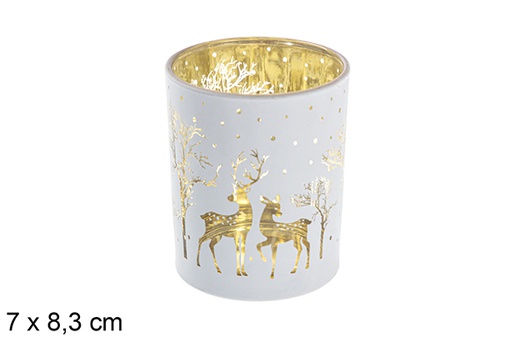 [117440] Castiçal vidro branco/dourado decorado rena 7x8,3 cm