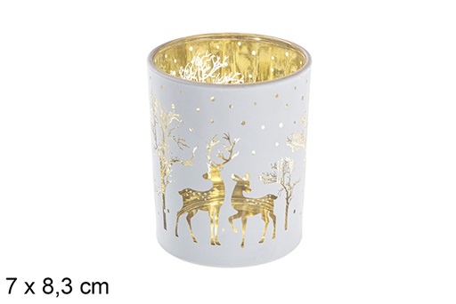 [117440] Portacandela in vetro bianco/oro decorato renna 7x8,3 cm