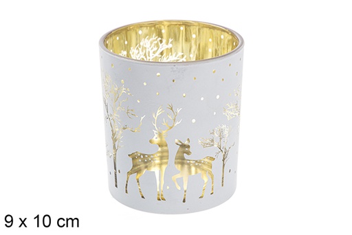 [117441] White/gold glass candle holder decorated reindeer 9x10cm