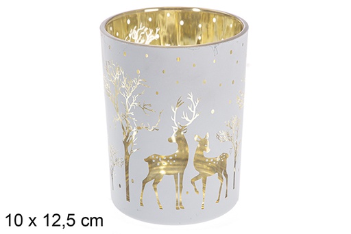 [117442] Bougeoir en verre blanc/doré décoré de rennes 10x12,5cm