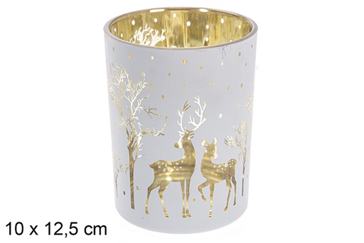 [117442] White/gold glass candle holder decorated reindeer 10x12,5 cm