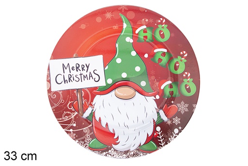 [117537] Red round plate decorated with green Christmas gnome 33 cm