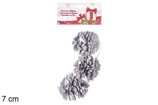 [117559] Pack 3 white glitter Christmas pine cones 7 cm