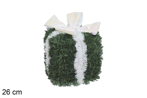 [117570] Polystyrene gift package decorated with green tinsel and white bow 26 cm