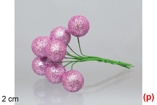 [117572] Branch with 10 glitter pink berries