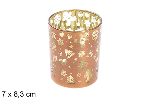 [117611] Portavela cristal rosa/oro decorada Navidad 7x8,3 cm
