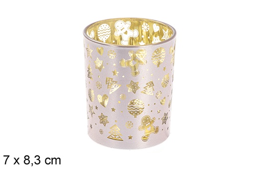 [117612] Portavela cristal champagne/oro decorada Navidad 7x8,3 cm