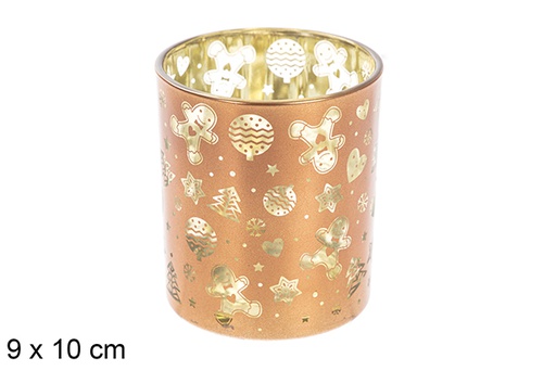 [117614] Portavela cristal rosa/oro decorada Navidad 9x10 cm