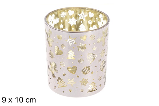 [117615] Portavela cristal champagne/oro decorada Navidad 9x10 cm