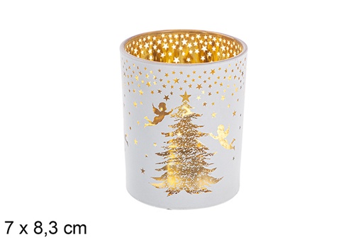 [117663] Portacandela in vetro bianco/oro rosa decorato con angeli 7x8,3 cm