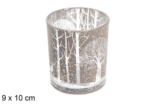 [117681] Gray glass candle holder decorated reindeer 9x10 cm