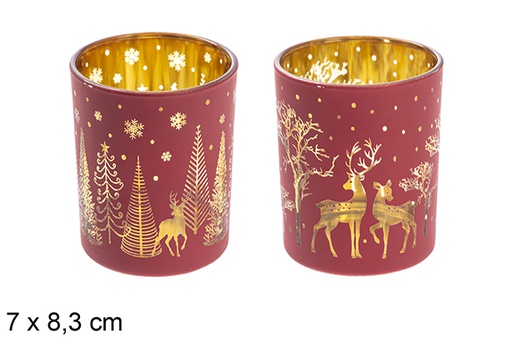[117687] Glass candle holder red/rose gold decorated assorted reindeer 7x8.3cm