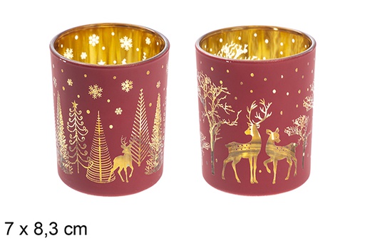 [117687] Portavela cristal roja/oro rosa decorado renos surtido 7x8,3 cm