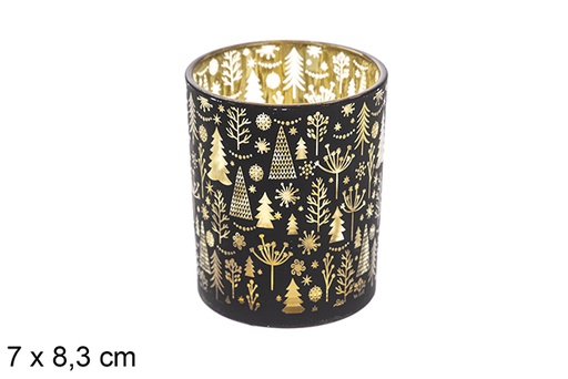 [117692] Black/gold glass candle holder decorated trees 7x8.3cm