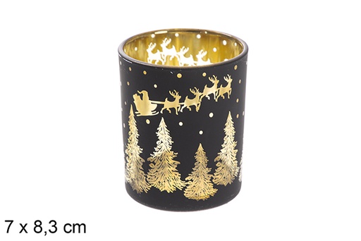 [117694] Portavela cristal negra/oro decorado Papa Noel con trineo 7x8,3 cm