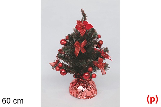 [117709] Árvore em PVC verde decorada com estrelas, bolas e laços vermelhos 60 cm