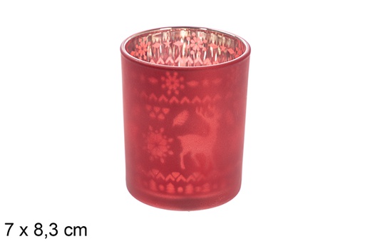 [117834] Bougeoir en verre rouge/argent mat décoration renne 7x8,3 cm
