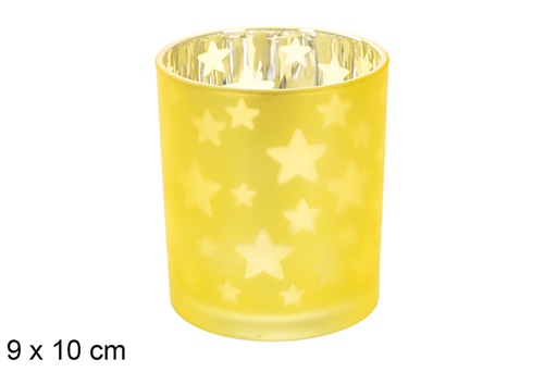[117855] Bougeoir en verre doré/argenté mat décoré d'étoiles 9x10 cm