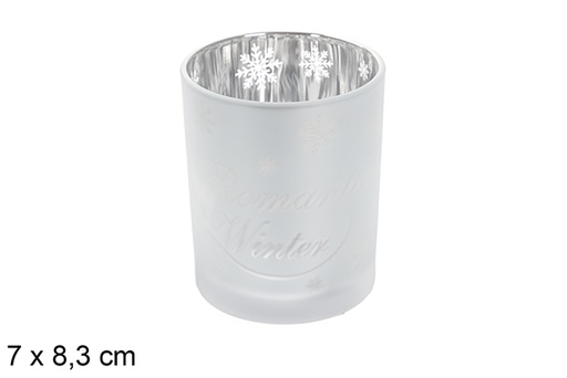 [117866] Portacandele argento opaco/vetro argento decorato fiocco di neve 7x8,3 cm