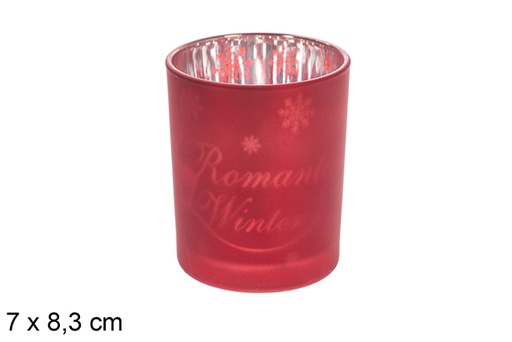[117867] Bougeoir en verre rouge/argent mat décoré flocon de neige 7x8,3 cm