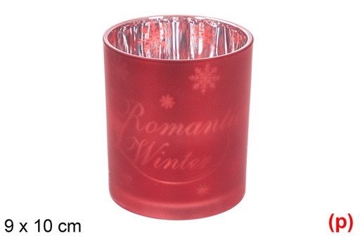 [117873] Bougeoir en verre rouge/argent mat décoré flocon de neige 9x10 cm