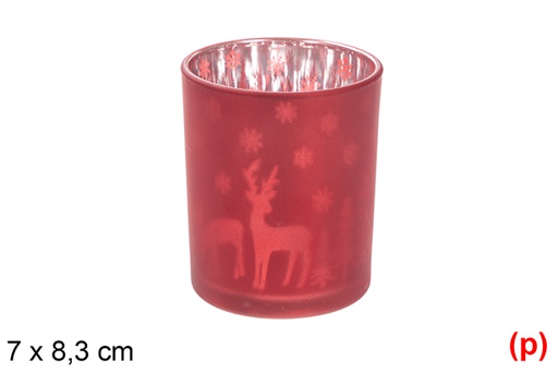 [117879] Matte red/silver glass candle holder decorated reindeer and trees 7x8,3 cm