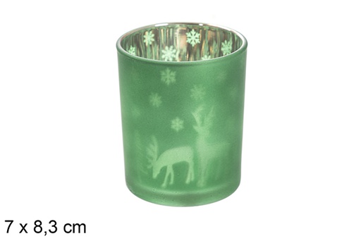 [117881] Bougeoir en verre vert/argenté mat décoré de rennes et d'arbres 7x8,3 cm