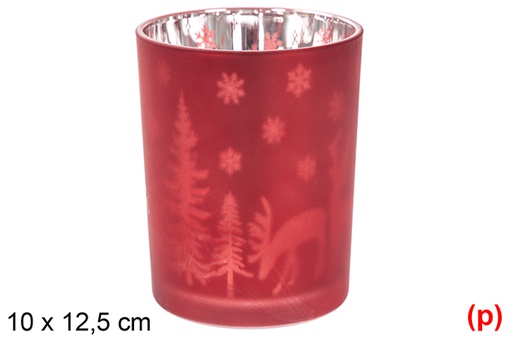 [117886] Portacandela in vetro rosso opaco/argento decorato renne e alberi 10x12,5 cm
