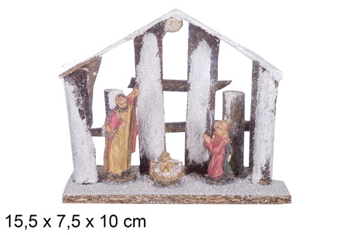 [117896] Nativity 3 pieces in snowy wood cabin 15,5x7,5 cm 