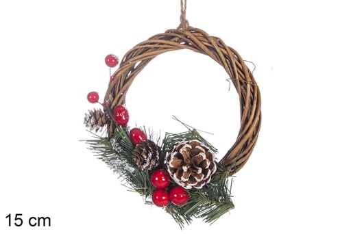 [117900] Wreath decorated with branches, red berries and pine cones with snow 15 cm