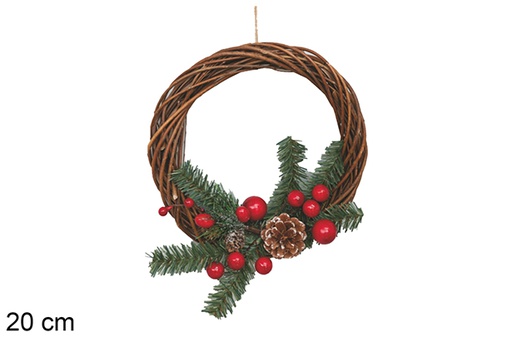 [117902] Corona decorada con ramas, bayas rojas y piñas con nieve 20 cm