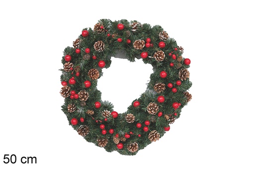 [117917] PVC wreath with red berries and snowy pine cones 50 cm