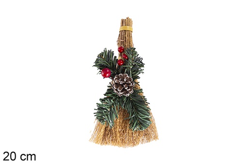 [117923] Broom decorated with berries and snowy pine cones 20 cm