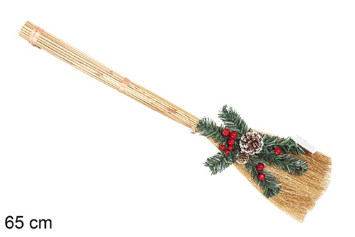 [117925] Broom decorated with berries and snowy pine cones 65 cm