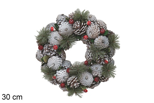 [117994] Wooden wreath decorated with snowy pine cones 30 cm