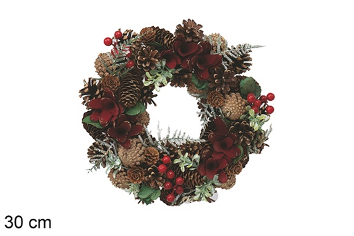 [117995] Corona de madera con purpurina flores rojas hojas plateadas 30 cm 