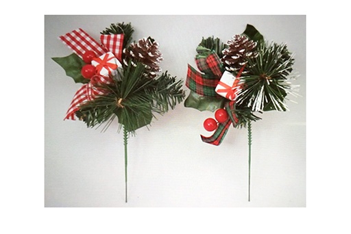 [118000] PVC twigs with square bows, snowy pine cones and red berries