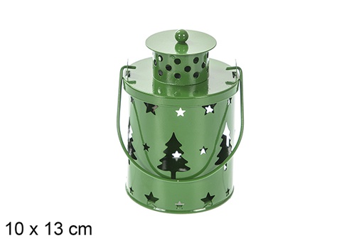 [118038] Green Christmas metal candle holder with LED candle 10x13 cm