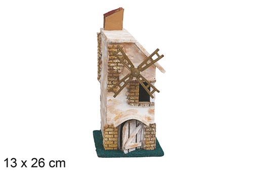 [118126] White mill with green door on wooden base in box 13x26 cm