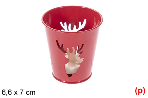 [118202] Red Christmas metal candle holder with LED candle 6,6x7 cm
