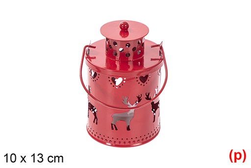 [118264] Red Christmas metal candle holder with LED candle 10x13 cm